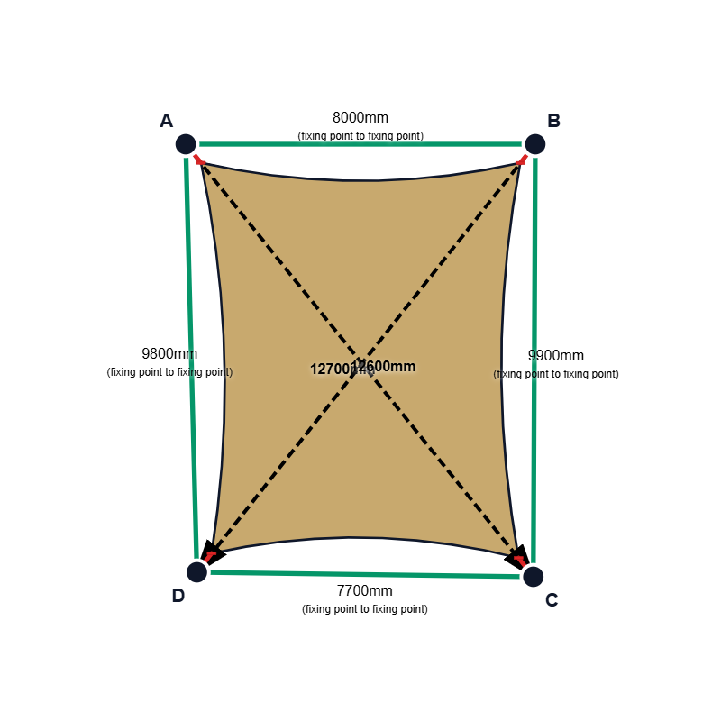 Custom Monotec 370 Shade Sail - Karloo Sand - 4 Corner - Technical Drawing