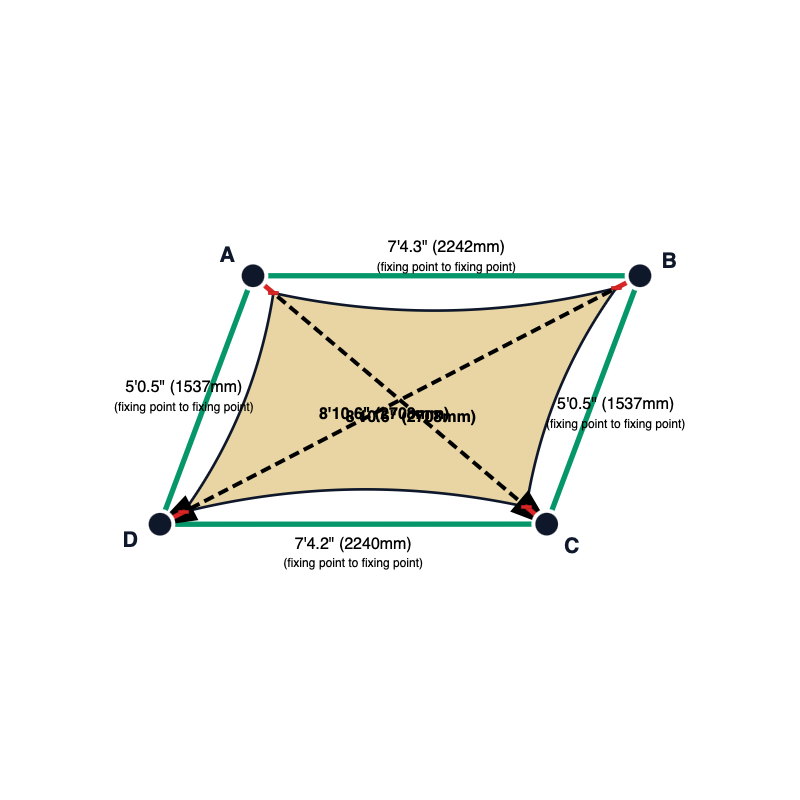 Custom Monotec 370 Shade Sail - Chino Cream - 4 Corner - Technical Drawing