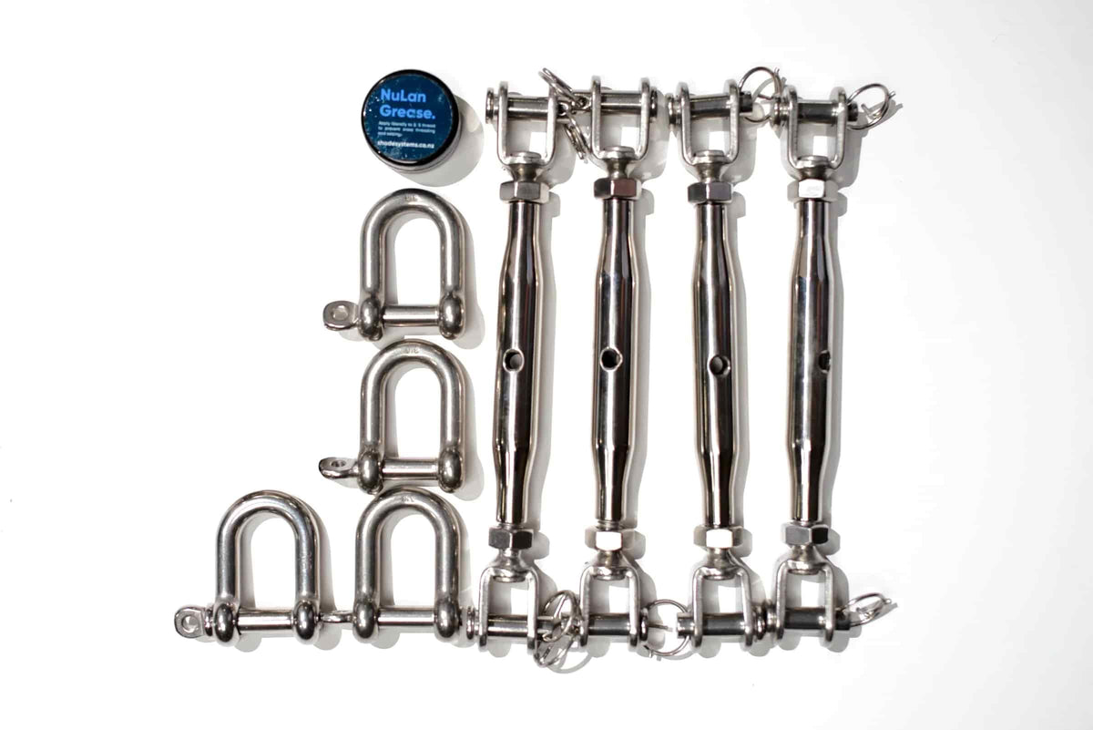 Four-corner Shade Sail hardware kit with stainless steel turnbuckles, D-shackles and thread grease