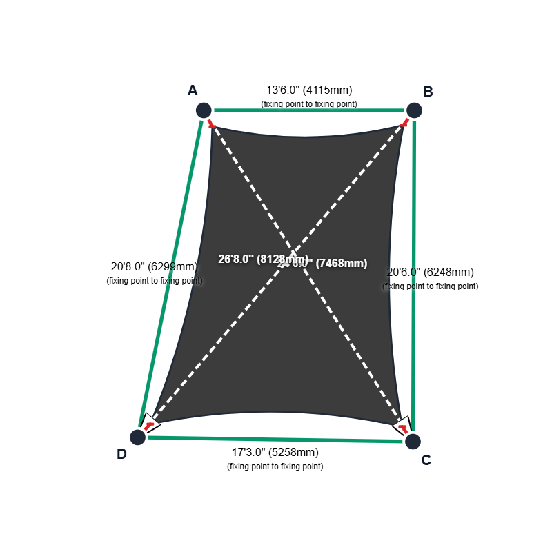 Custom Monotec 370 Shade Sail - Graphite Grey - 4 Corner - Technical Drawing