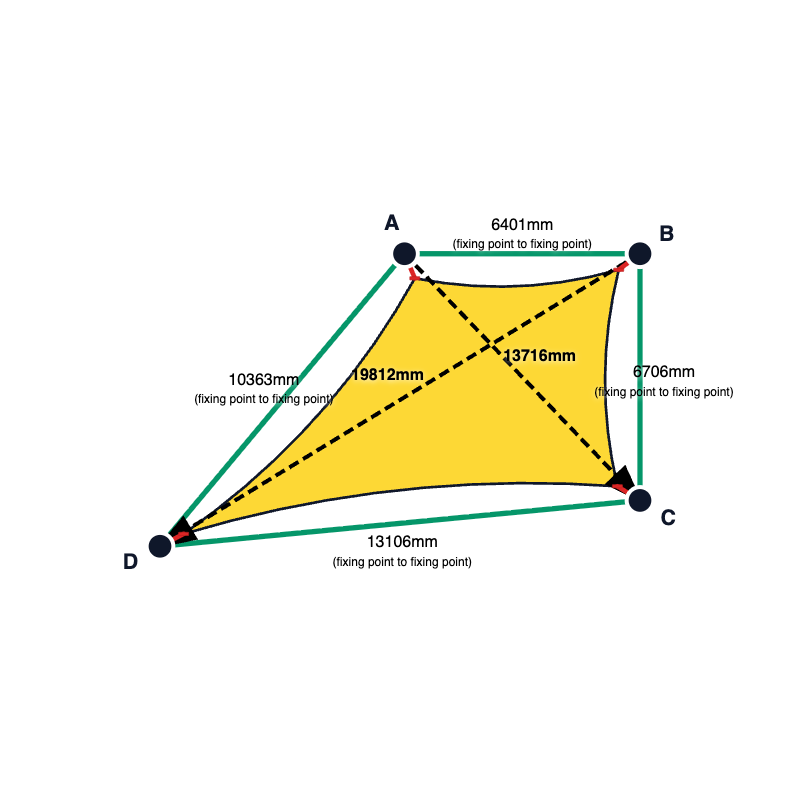 Custom Monotec 370 Shade Sail - Mellow Haze Yellow - 4 Corner - Technical Drawing