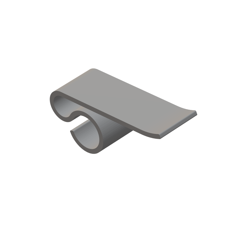 A 3D isometric rendering of a gray KoruClip, for attaching string lights to your Shade Sail edge.