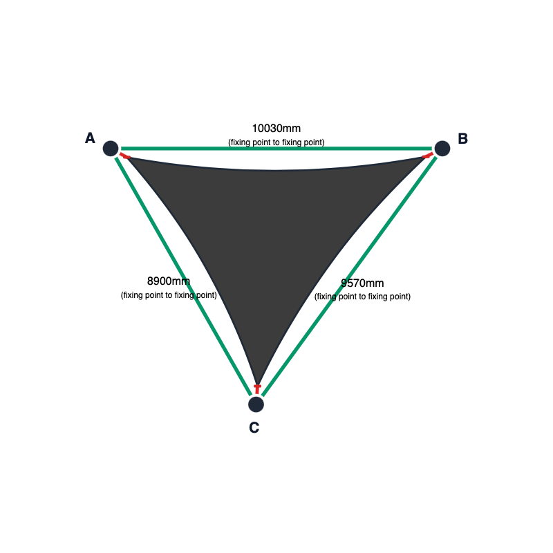 Custom Monotec 370 Shade Sail - Graphite Grey - 3 Corner - Technical Drawing