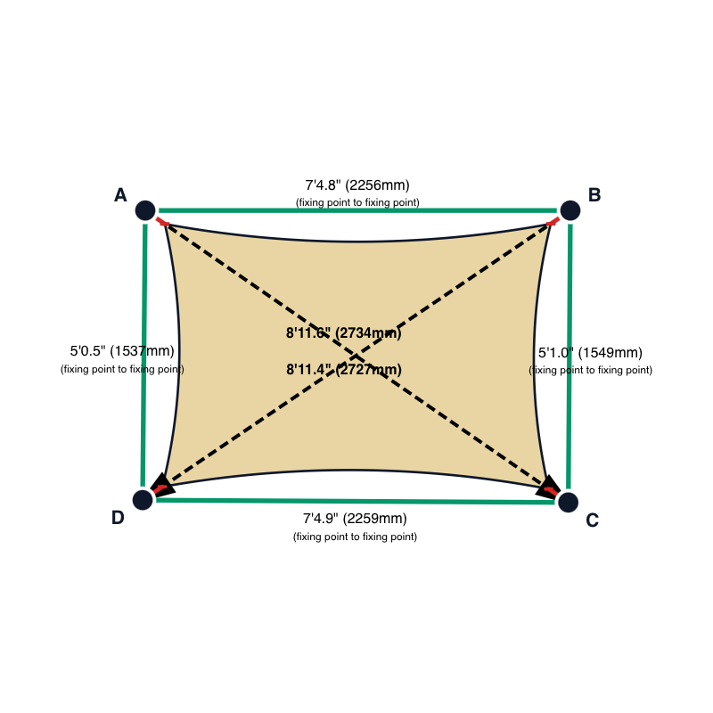 Custom Monotec 370 Shade Sail - Chino Cream - 4 Corner - Technical Drawing