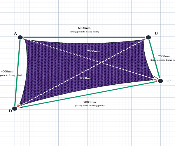 Custom Monotec 370 Shade Sail - Jazzberry Purple - 4 Corner - Technical Drawing