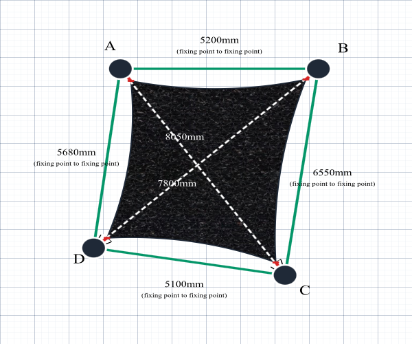 Custom Shadetec 320 Shade Sail - Carbon Black - 4 Corner - Technical Drawing