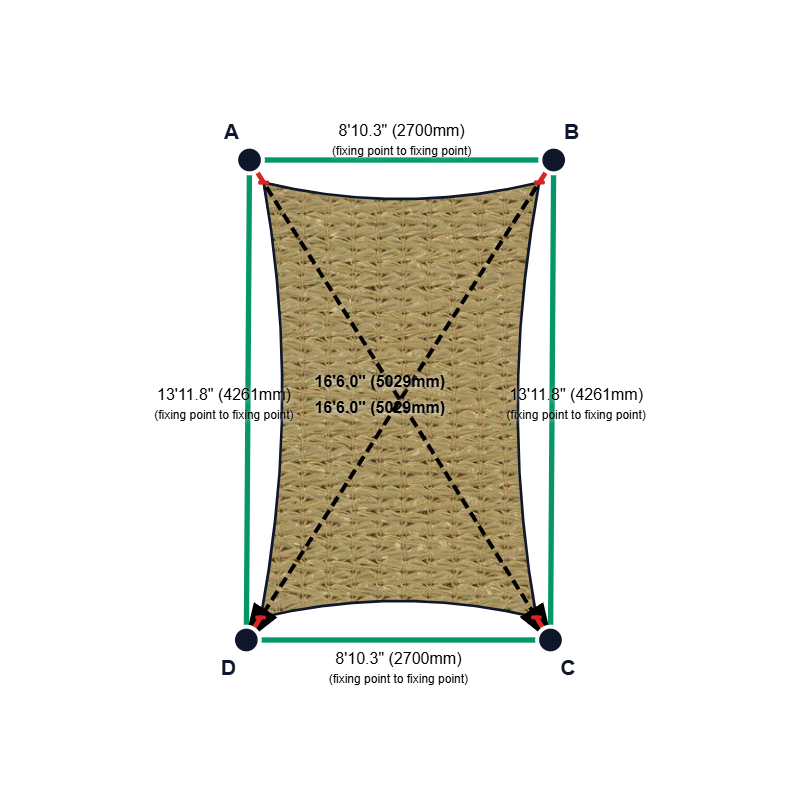 Custom Shadetec 320 Shade Sail - Desert Sand - 4 Corner - Technical Drawing
