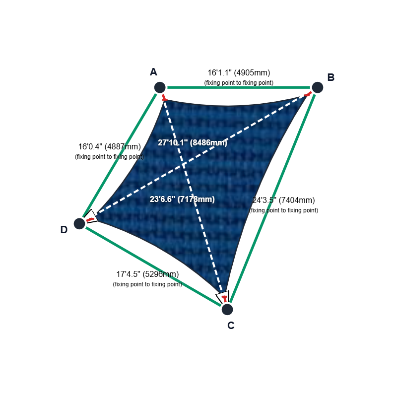 Custom ExtraBlock 330 Shade Sail - True Blue - 4 Corner - Technical Drawing