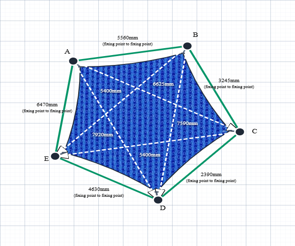 Custom Monotec 370 Shade Sail - Bundena Blue - 5 Corner - Technical Drawing