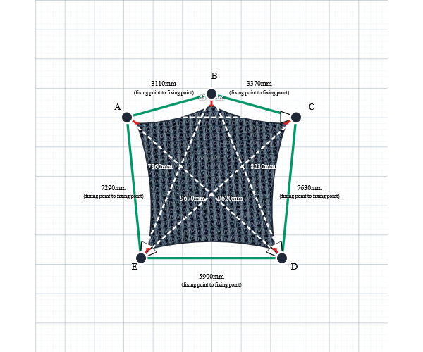 Custom Monotec 370 Shade Sail - Graphite Grey - 5 Corner - Technical Drawing