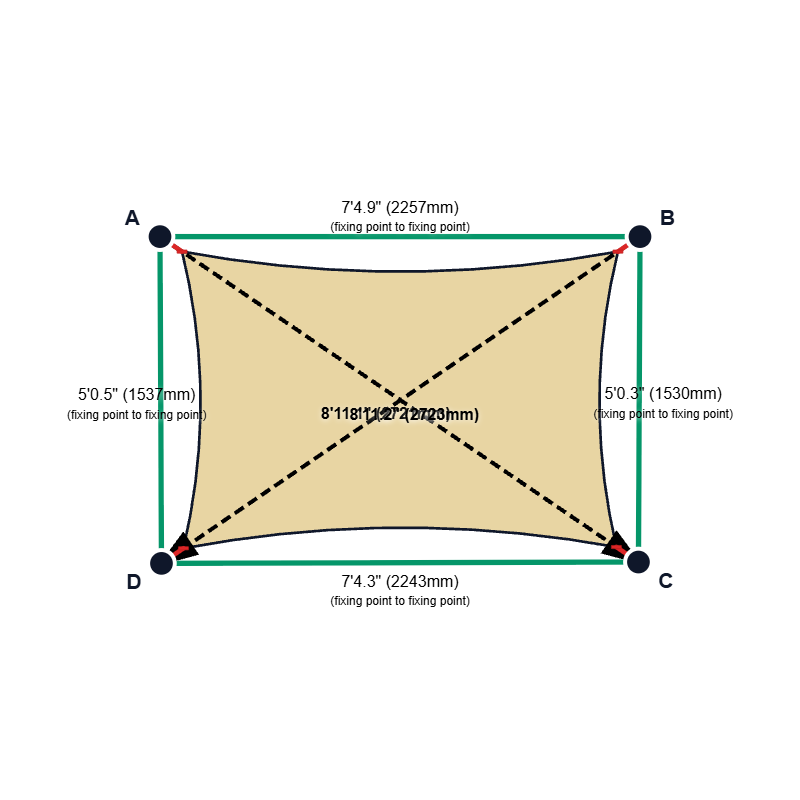 Custom Monotec 370 Shade Sail - Chino Cream - 4 Corner - Technical Drawing