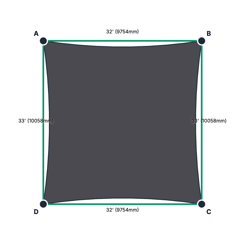 Custom Commercial 95 Shade Sail - Gun Metal - 4 Corner - Technical Drawing