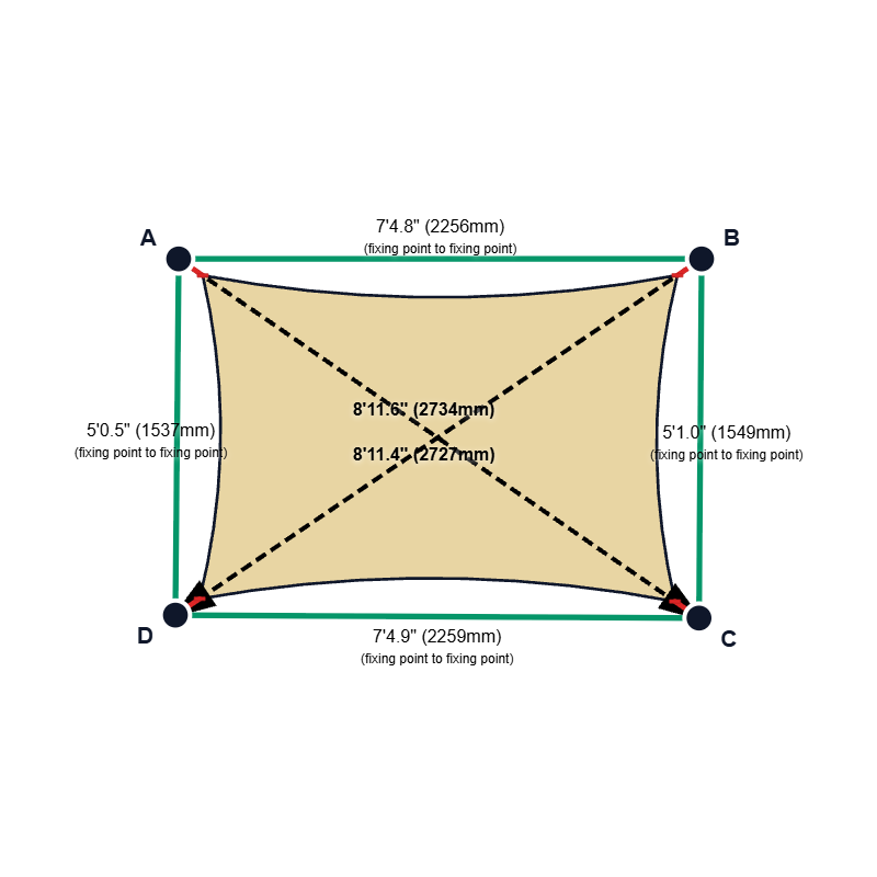 Custom Monotec 370 Shade Sail - Chino Cream - 4 Corner - Technical Drawing