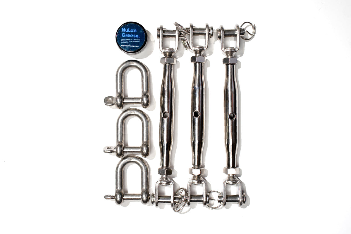 Three-corner Shade Sail hardware kit with stainless steel turnbuckles, D-shackles and thread grease.