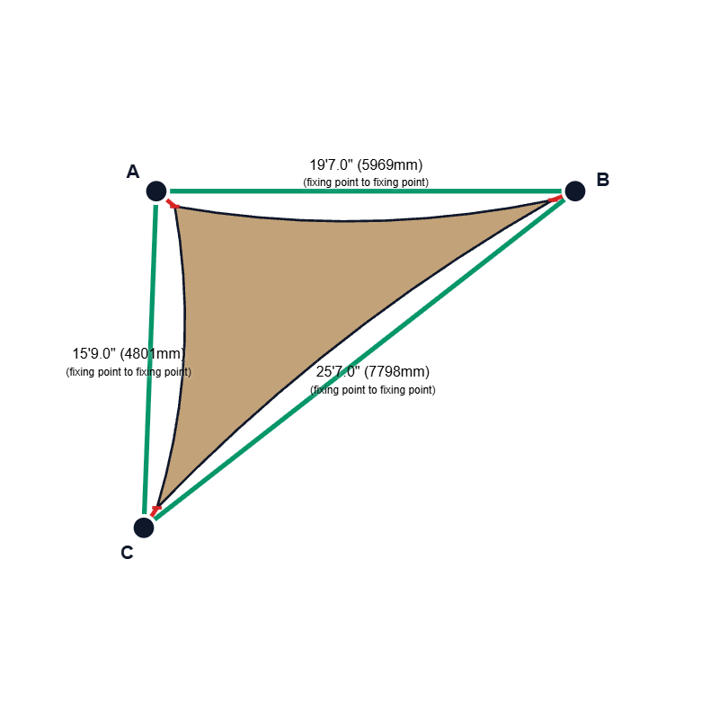 Custom Commercial 95 Shade Sail - Desert Sand - 3 Corner - Technical Drawing