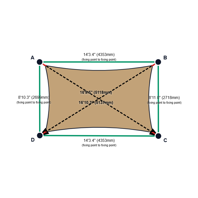 Custom Commercial 95 Shade Sail - Desert Sand - 4 Corner - Technical Drawing