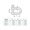 Technical diagram and size table for a captive D-shackle, showing a line drawing with dimension labels A, B, and C plus a reference table for millimeter and inch measurements for 3 sizes.