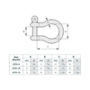 Technical diagram and size table for a bow shackle, showing a line drawing with dimension labels A, B, C, and D plus a reference table for millimeter and inch measurements for 3 sizes.