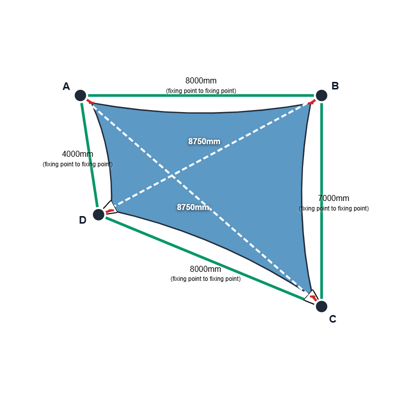 Custom ExtraBlock 330 Shade Sail - Dove Blue - 4 Corner - Technical Drawing