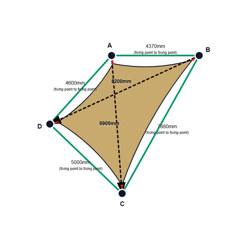 Custom Monotec 370 Shade Sail - Karloo Sand - 4 Corner - Technical Drawing