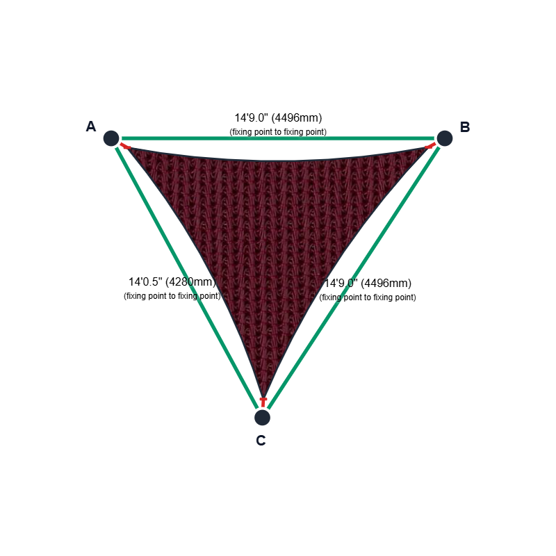 Custom Monotec 370 Shade Sail - Abaroo Red - 3 Corner - Technical Drawing