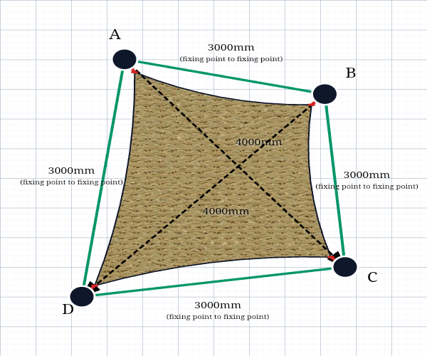 Custom Shadetec 320 Shade Sail - Desert Sand - 4 Corner - Technical Drawing