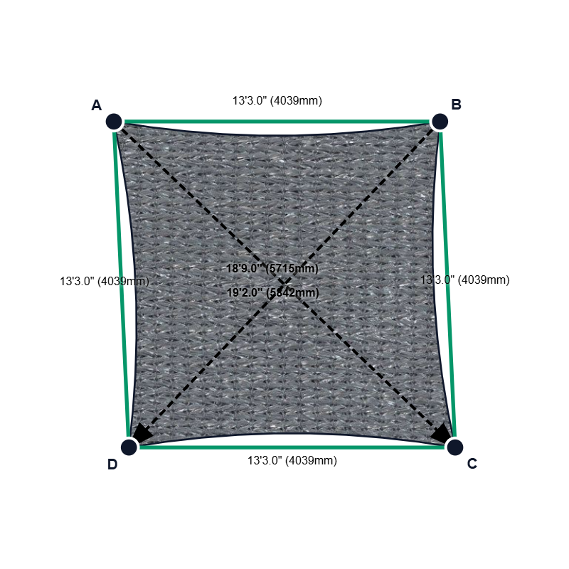 Custom Shadetec 320 Shade Sail - Alpine Silver - 4 Corner - Technical Drawing