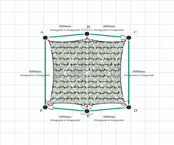 Custom ExtraBlock 330 Shade Sail - Pearl Onyx - 6 Corner - Technical Drawing