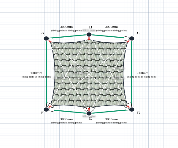 Custom ExtraBlock 330 Shade Sail - Pearl Onyx - 6 Corner - Technical Drawing