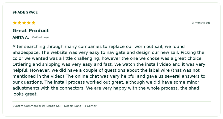 Five-star customer review of a Shade Space shade sail