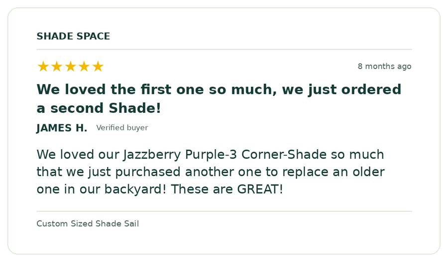 Five-star customer review of a Shade Space shade sail