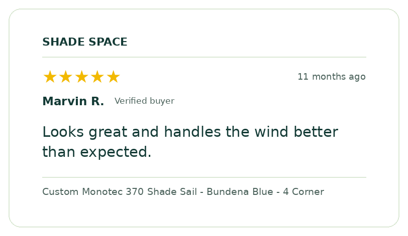 Five-star customer review of a Shade Space shade sail