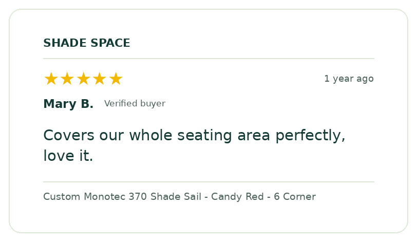 Five-star customer review of a Shade Space shade sail