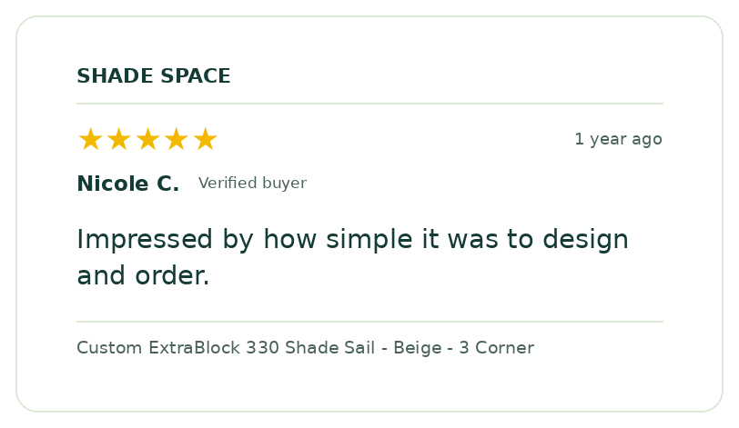 Five-star customer review of a Shade Space shade sail