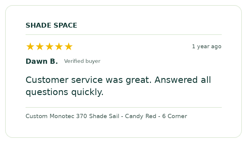 Five-star customer review of a Shade Space shade sail