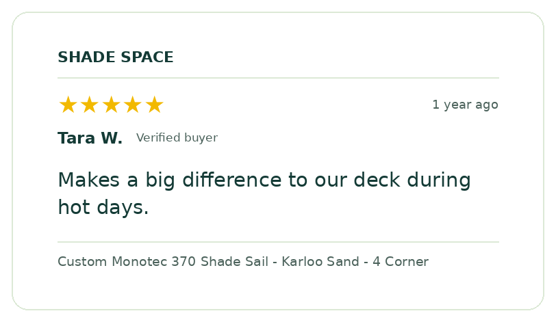 Five-star customer review of a Shade Space shade sail