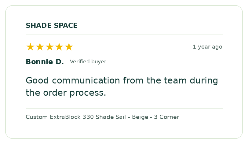 Five-star customer review of a Shade Space shade sail