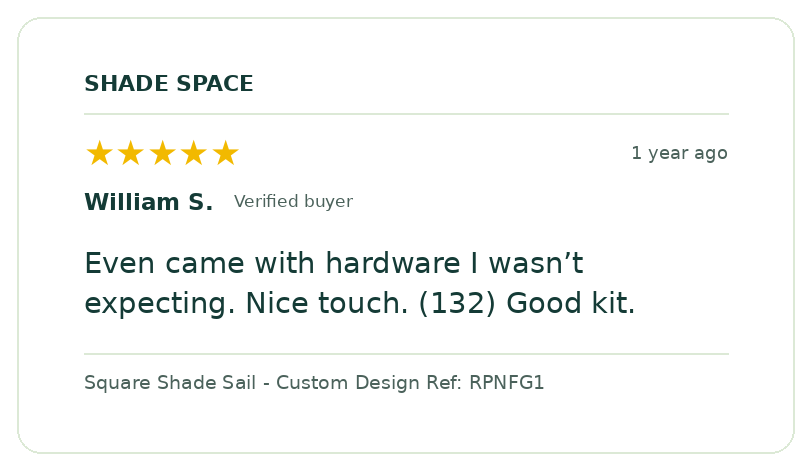 Five-star customer review of a Shade Space shade sail