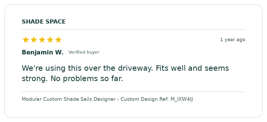 Five-star customer review of a Shade Space shade sail