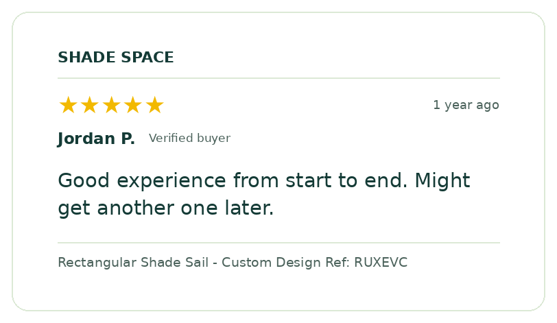 Five-star customer review of a Shade Space shade sail
