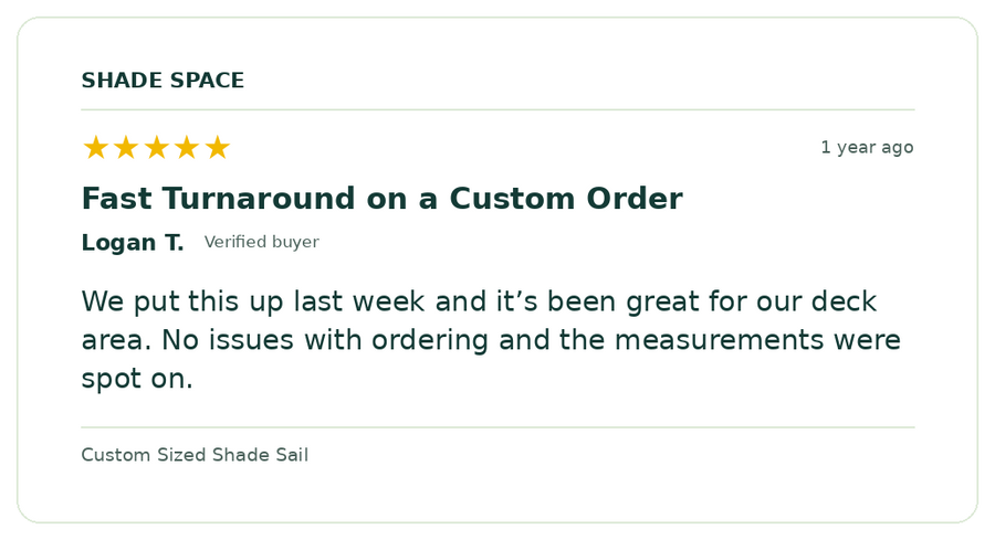 Five-star customer review of a Shade Space shade sail