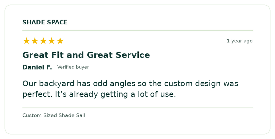 Five-star customer review of a Shade Space shade sail