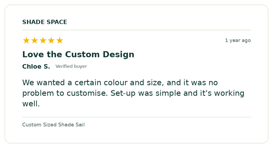 Five-star customer review of a Shade Space shade sail