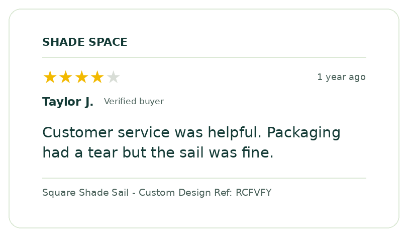 Five-star customer review of a Shade Space shade sail