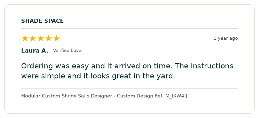 Five-star customer review of a Shade Space shade sail