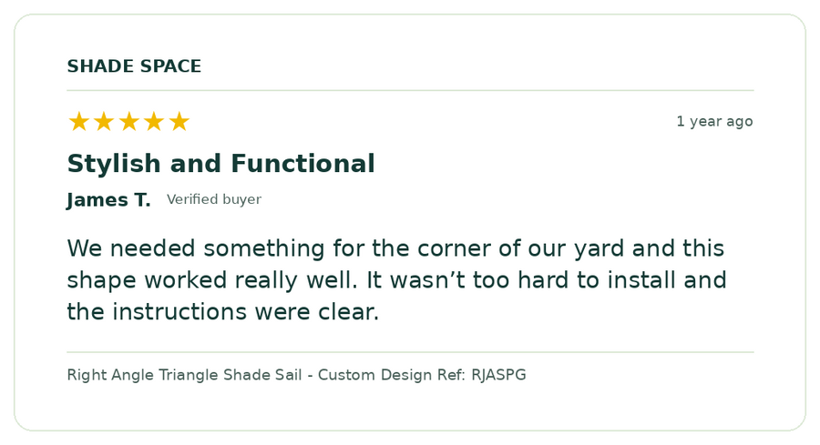 Five-star customer review of a Shade Space shade sail