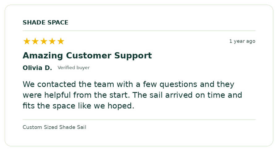 Five-star customer review of a Shade Space shade sail